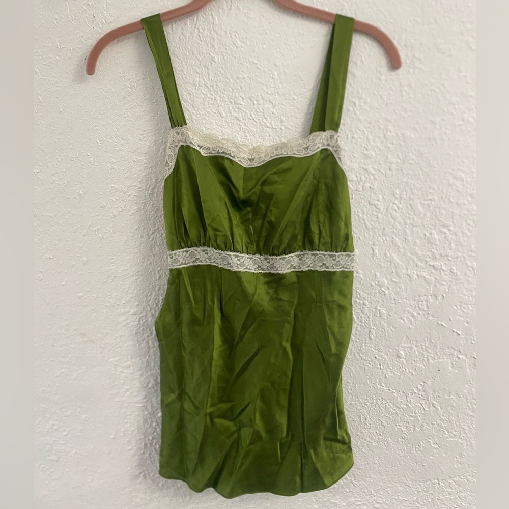 The Limited Olive Green Silk Top with Lace Accents and Tie in back, Size Medium